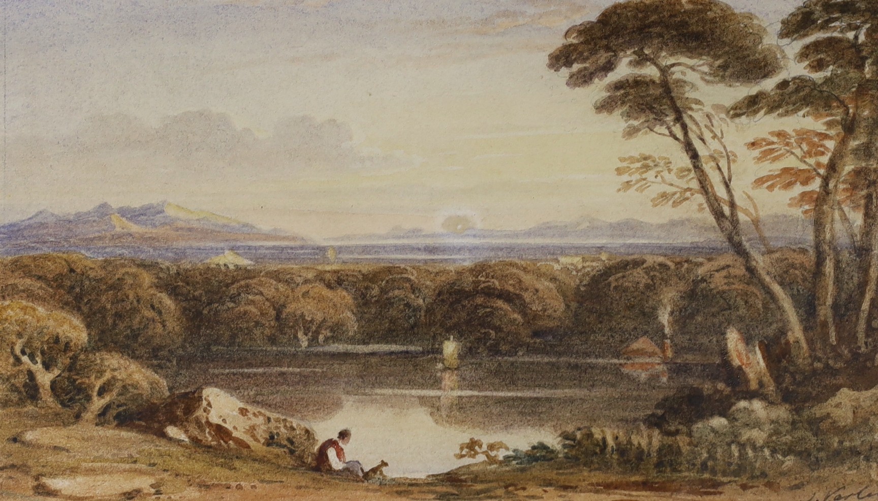 John Varley (1778-1842), watercolour, Landscape with figure seated beside a lake, signed, 12 x 21cm. Provenance: F R Meatyard, London